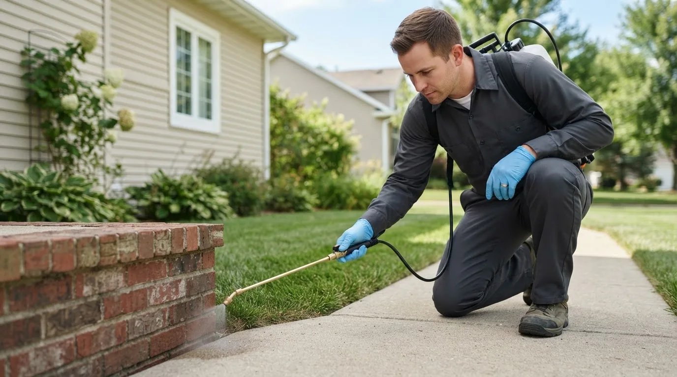 Pest control technician treating a home near North Webster, IN